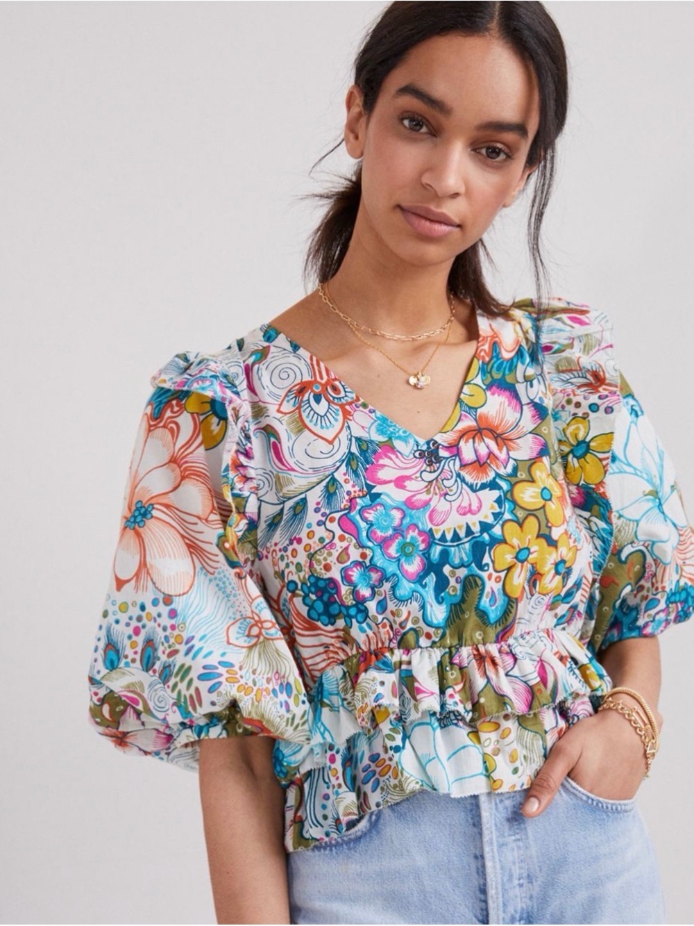 Anthropologie Love the Label V-Neck Puff Sleeve Floral Peplum Top Size L